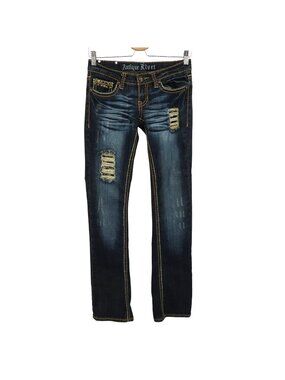 Antique Rivet Women 25 Blue Whiskered Pyramid Stud Distressed Denim Jeans Cotton